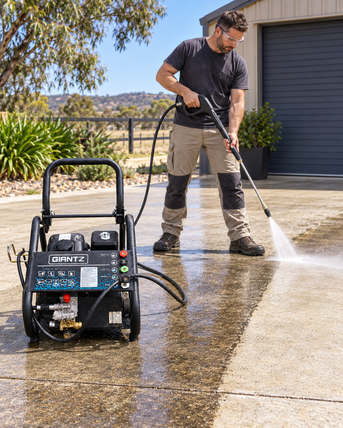 Pressure washer being used safely on a concrete driveway